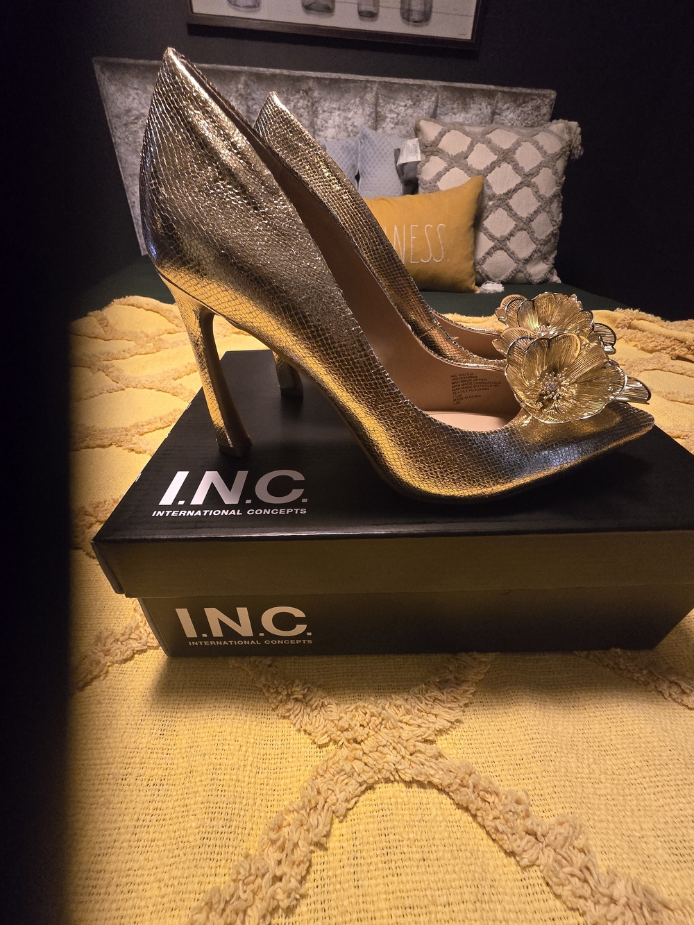 INC International Concepts Gold Metallic Pointed-Toe Pump with Floral Detail